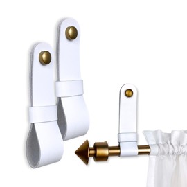 2 Pc Minimalist Design Leather Curtain Rod Bracket - Easy to Install Set of Universal Wall Hanging Strap Curtain Rod Holders with Screws and Plastic Wall Plugs - 4.8" x 1.2" (White)