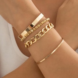 fxmimior Boho Fashion Dainty Gold Silver Chain Beads Bracelets Set for Women Adjustable Beaded Chunky Flat Cable Chain Punk Bracelets Jewelry for Women Girls Gift Set of 4(Gold)
