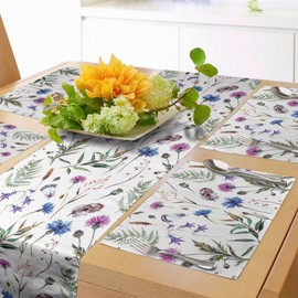 ABAKUHAUS Thistle Table Runner & 4 Piece Placemats, Summer Wildflowers as Cornflower Willow Branches and Bell in Watercolour Style Print, Table Decoration Set, 180 x 40 cm, Reseda Green Cobalt Blue