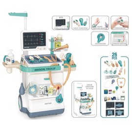 Serena & Jewel Kit para Niños 26 Accesorios Estación Médica Fingida Set Carro Móvil con Luces, Termómetro, Estetoscopio, Juguetes de Juego de Roles Ed