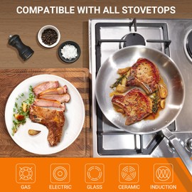 GLOBEHOME 8 Inch Stainless Steel Frying Pan - 5 Ply Stainless Clad Skillet with Aluminum Core, Durable and Even Heating, Professional Cookware for Induction, All Stoves, Oven and Dishwasher Safe