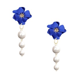 Vavhoo Long Floral Pearl Tassel Earrings for Women Boho Drop Dangle Earrings with 3 Pearls Vintage Bridal Party Jewelry (Blue)