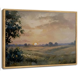 Framed Canvas Wall Art Vintage Decor Poplars Sunset Nature Landscape Painting Picture Wall Decor Rustic Cottagecore Print Artwork for Bedroom Living Room Bathroom Home Decoration
