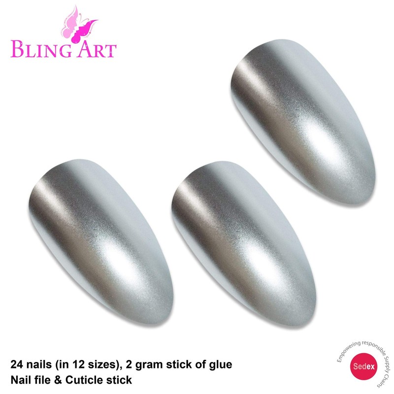 False Nails by Bling Art Silver Matte Metallic Almond Stiletto