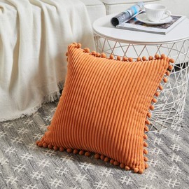 Fancy Homi Pack of 2 Corduroy Fall Decorative Throw Pillow Covers with Pom-poms, Solid Square Cushion Case Pillow Cases Set for Couch Sofa Bedroom Car Living Room (20x20 Inch/50x50 cm, Orange)
