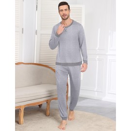 Ekouaer Mens Pjs Sets Pyjamas for Men Long Sleeve Check Pjama 3 Piece Set Lounge Wear, Light Gray, M
