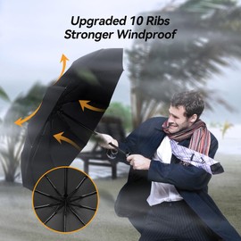 TechRise Umbrella Windproof Travel Umbrella: 10 Ribs Automatic Compact Strong Wind Proof Umbrella, One Button Auto Open Close Wind Resistant Folding Lightweight Portable Black Umbrella for Men Women