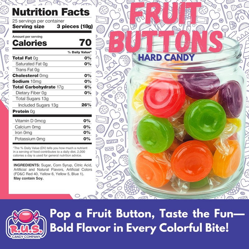 Assorted Fruit Button Hard Candy – About 75 Individually Wrapped