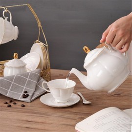 fanquare 15 Pieces Simple White English Ceramic Tea Sets,Tea Pot,Bone China Cups without Metal Holder,Matching Spoons,Afternoon Tea Set Service Coffee Set