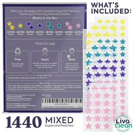 LivaClean 1440 Ct (6 Paquetes De 240) Parches De Acné Superstar Con Ácido Salicílico Y Árbol De Té, Parches De Espinillas De Estrella Para Cara, Estre
