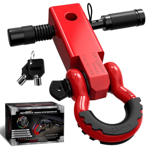 AUTMATCH Shackle Hitch Receiver 2 Inch - 3/4" D Ring Shackle and 5/8" Trailer Hitch Lock Pin, 45,000 Lbs Break Strength Heavy Duty Receiver Kit for Vehicle Recovery, Red