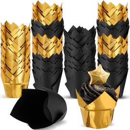 Queekay Tulip Cupcake Liners for Baking Muffin Aluminum Foil Paper Baking Cups Disposable Cupcake Wrappers Greaseproof Muffin Liners for New Year Wedding Baby Shower Xmas (Gold, Black, 400 Pcs)