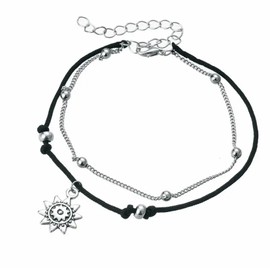 Black & silver anklet | Double ankle chain | Sun ankle bracelet | Festival jewellery | Black cord ankle chain | Holiday jewellery