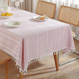meioro Bohemian Tablecloth for Kitchen Decoration, 120 x 160 cm Macrame Tablecloth with Tassels, Rectangular Linen Table Linen, Striped Tablecloth, Mesh Tablecloths for Dining Table, Tabletop (Pink)