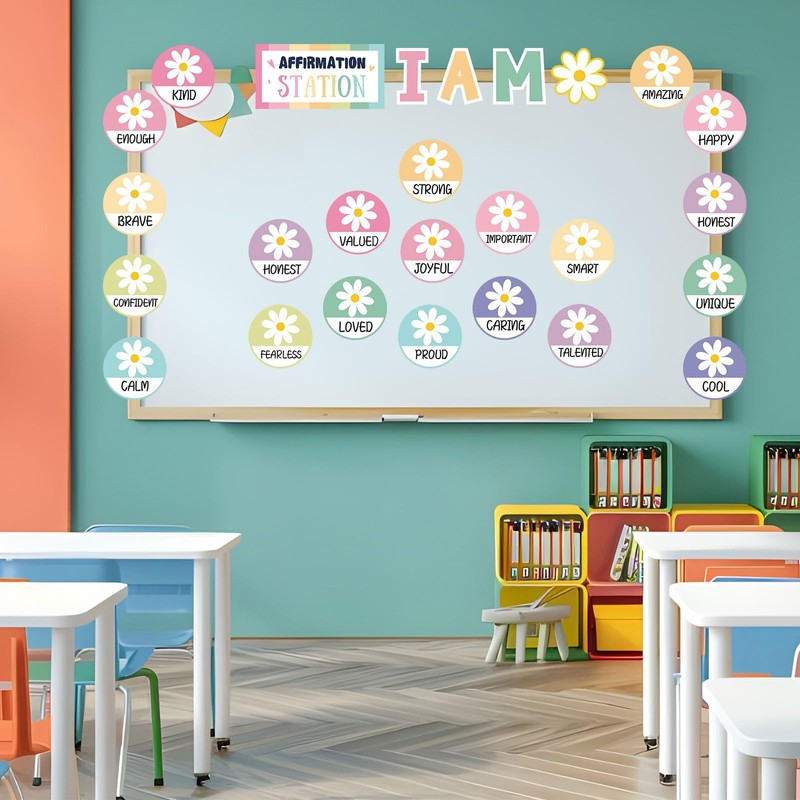 FYSUIMU 25Pcs Spring Pastel Daisy Affirmation Station Bulletin Board Set