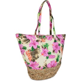 styleBREAKER beach bag with colourful hibiscus flower print, raffia base and zip, shoulder bag, shopping bag, ladies 02012233, Color Yellow