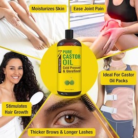 Seven Minerals Aceite De Ricino Puro Prensado En Frío - Botella Grande De 32 Fl Oz - Sin Refinar Y Sin Hexano - Aceite De Ricino Puro Para El Crecimie