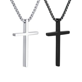 OLARCU 2 Pcs Cross Necklace for Men, Silver Black Stainless Steel Cross Pendant Necklace for Men, 20 Inches/2.5mm Box Chain (20 Inches-1.2"x0.7" Small Cross-Non-Engraved)