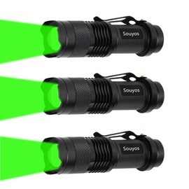 Souyos 3 Pack Green LED Flashlight,Zoomable Green Light Flashlight with Clip, 3 Light Modes Green Flashlight for Hunting,Night Vision