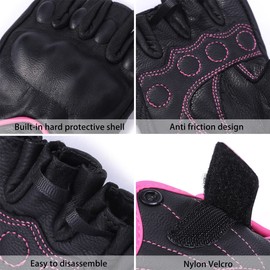 Harssidanzar Fingerless Motorcycle Gloves for Women Hard Knuckle Protection Riding Driving Motorcycle Gloves Touch Screen Genuine Goat Leather KL022, Pink black