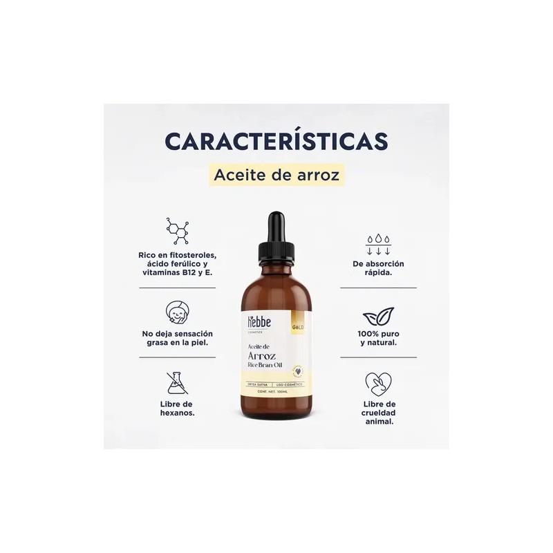 Aceite Puro Arroz Hebbe Cosmetics 100ml Hidratante Hipoalergénico Piel Sensible