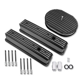 IMOOA Center Bolt Short Valve Covers for SBC 283 305 327 350 400 5.0L & 5.7L 87-97 and 12" Oval Air Cleaner Full Finned Black