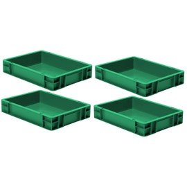 Pack of 4 Euro Format Stacking Containers, Green, 400 x 300 x 75 mm (L x W x H), Closed Walls and Base, 9 Litres, PPN