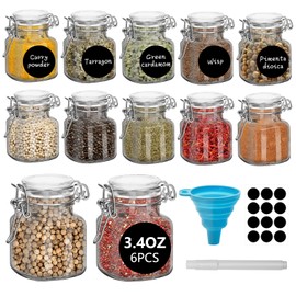 eispap 12Pcs 3.4oz Small Airtight Glass Spice Jars with Lids & Clip Top, Small Glass Mason Jars Square Bottles, Herb Jars, Mason, Seasoning Containers (12)