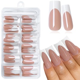 AddFavor French Tip Press on Nails Long Square Fake Nails, 120pcs/pack White French Nails Press on Glossy Brown Nude Acrylic Nails Artificial False Nails with Adhesive Tabs for Women