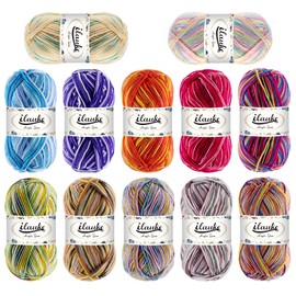 ilauke 12 x 50g Balls of Assorted Double Knitting Yarn Chunky Wool Acrylic Yarn Set Weaving Yarn Crochet Thread (Multi-Colored,4-Ply)