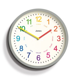 Jones Clocks® Kids Clock - Time Teaching Clock - Learn To Tell the Time Clock - Kids Wall Clock - Childrens Clocks for Bedrooms - Analogue Clock for Kids - Childrens Clock (Pepper Grey)