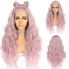 Sapphirewigs Synthetic Lace Front Wig Body Wave Heat Fiber Hair 24 Inch Purple Color with Pink Tips Long Wavy Wigs for Women Half Hand Tied Wig Cosplay Daily Use Hair