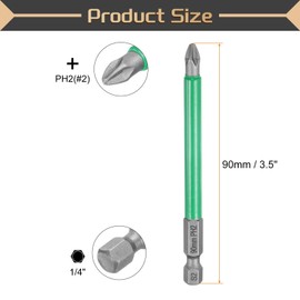 sourcing map 2pcs #2 Anti Slip Phillips Impact Screwdriver Bit PH2 1/4" Hex Shank 3.5" (90mm) Magnetic Cross Head Drill Bits Sandblasted S2 Steel Screw Driver Power Electric Tools, Gray/Green
