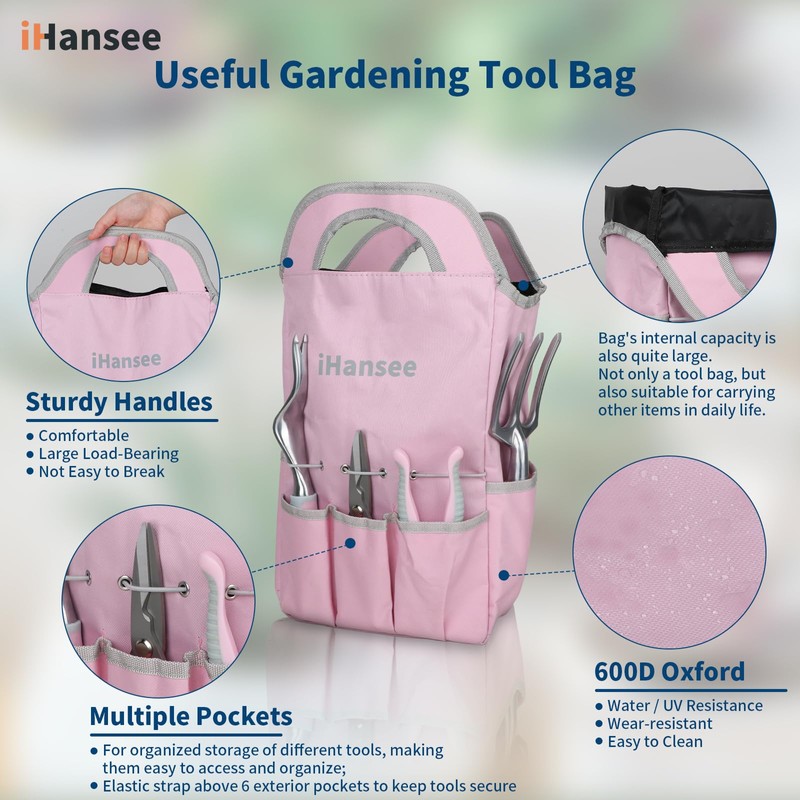 Pink Garden Tool Sets 12 Pieces, iHansee Aluminum Gardening Hand