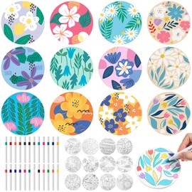 Potchen 12 Pcs Color Your Own Coaster Ceramic DIY Kits for Adults Absorbent Drink Coasters with Cork Base and 12 Markers for Adult Home Table DIY Art Crafts Gift