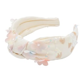 Bellefixe Knotted Headband for Women (White with Pink Florals), Wide Knotted Headband in White Satin with Pink Floral Appliques and Sequins