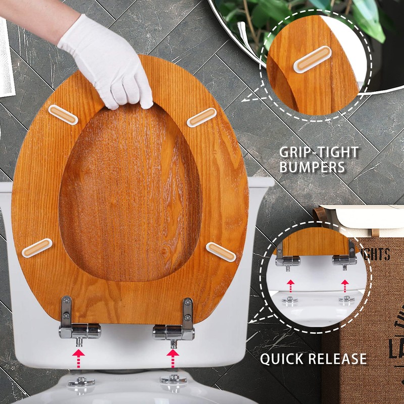 Angel Shield Wood Veneer Natural Toilet Seat with Quiet Close,Easy