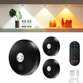 MEKKLEON Puck Lights With Remote Control - Rechargeable, Wireless Under Cabinet Lighting, 2000mAh Battery Operated Tap Push Touch, Stick On for Counter, Shelf, Bookcase (Black, 3 Pcs)