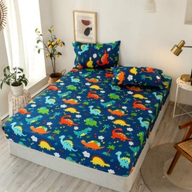 Chickwin Fitted Sheet, 120 x 200 cm, Children's Mattress Protector, Fitted Sheet Made of Polyester Fibres, Cartoon Dinosaur Pattern Sheet, Children's Fitted Sheet for Box Spring Beds, Mattresses up to 30 cm in Height