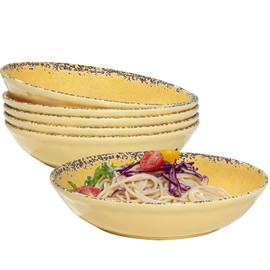ZAROCRUS Farmhouse Melamine Pasta Bowls Set, 42 OZ Large Salad Bowls Set, 9.25 inch 6 Piece large Soup Bowls,Wide and Shadow Rustic Round Serving bowl, Set of 6 Dinner Bowl,Yellow…