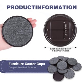 4" Round Reusable Felt Furniture Caster Cups with Carpet Bottom, Felt Furniture Sliders Floor Protectors Pads to Protect Hardwood, Tile or Laminate Floors from Scratches, Brown/Gray (16 Pack) ﻿