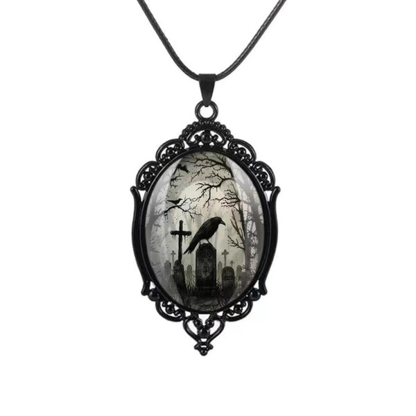 Lolieden Raven Cross Glass Pendant Necklace with 2 chains (Black)