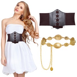 IETWATE Waist Corset Belt, Elastic Underbust Corset, Lace-up Retro Pirate Brown Corsett with Gold Belt Women, Adjustable Leather Corsett for Women Girls Cosplay and Daily Clothing Matching