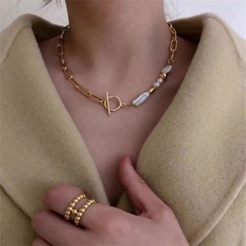 Iaceble Boho Baroque Pearl Choker Necklace Gold Paperclip Chain Necklace Pearl Bead Toggle Clasp Necklace Chain unbalanced Necklace Jewelry for Women and Girls