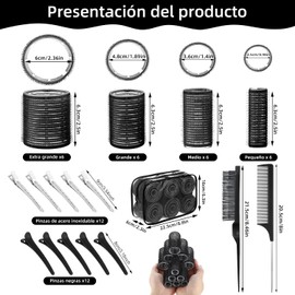 Tubos para Cabello 51 pzs 4 Tamaños 25mm 36mm 48mm 60mm con Clips Incluidos, Rulos Profesionales para Pelo Largo Corto y Flequillo, Incluye 2 Peines y Bolsa de Regalo(Negro)