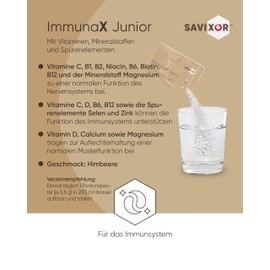 Savixor ImmunaX Junior Mineral and Vitamin Complex for Children 10 x 5.5 g - Contains 150 mg C Vitamins Supplemented by D, B6, B12, Zinc, Selenium, Magnesium and Calcium, Made in Germany & Halal