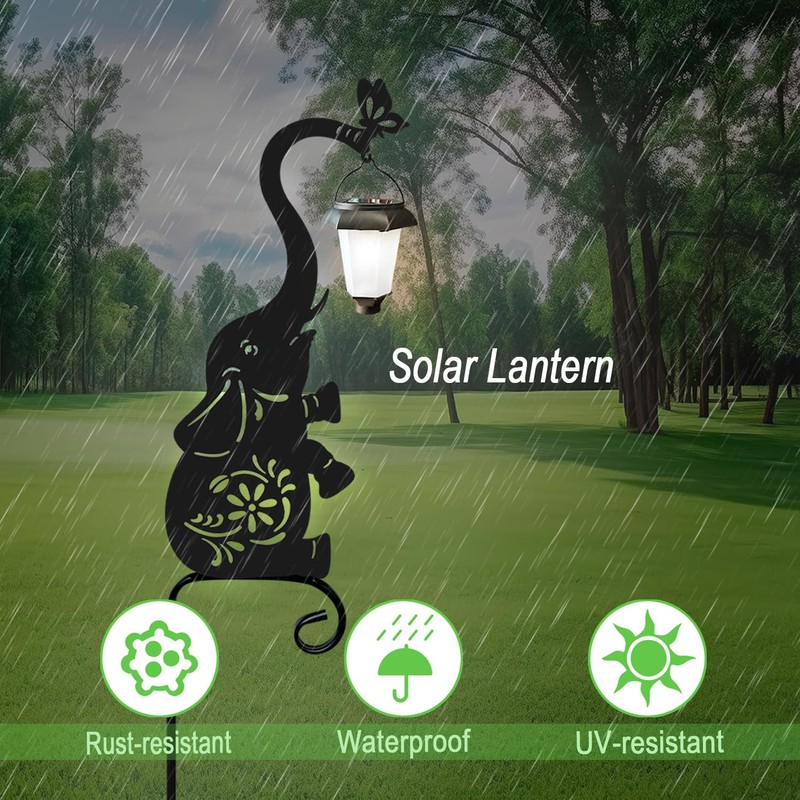 Hokfirm Metal Elephant with Solar Lantern Garden Stake,Garden Lights Solar