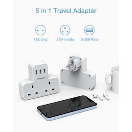 UK to European Plug Adapter, TESSAN Grounded Schuko European Plug Travel Adapter with 3 USB, Travel Adapter UK to EU Euro Europe for Spain France Iceland Germany Greece Poland Plugs Type E F Adaptor