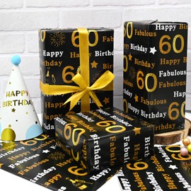 60th Birthday Wrapping Paper,5Pcs 50 * 70cm Black Gold Wrapping Paper for Woman Men Birthday Decorations
