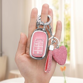 Vicoca for Honda Key fob Cover with Diamond Heart Keychain, Car Accessories TPU for 2022 2023 Accord Civic HR-V CR-V Pilot Smart Key Case, Silver Pink